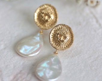 Gold Helios coin pearl drop earrings