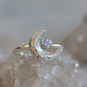 Crescent moon silver moonstone ring