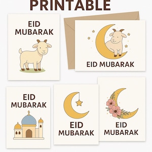 Lot de cartes de l'Aïd imprimables | 5 cartes Eid Mubarak A7 | Téléchargement numérique islamique | Cartes de voeux paysage pour enfants et famille