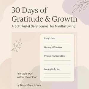 30 días de gratitud y crecimiento / Diario imprimible en PDF / Ideas para reflexionar a diario / Estética pastel suave / Descarga instantánea