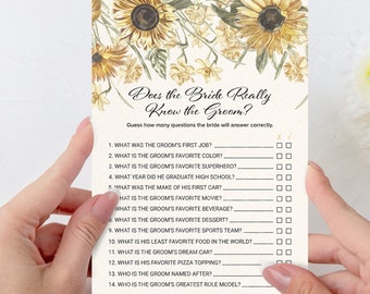 Bridal Shower Game - Does the bride really know the groom? Sunflower wedding theme -Party games INSTANT DOWNLOAD