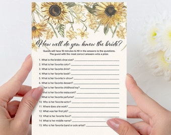 Bridal Shower Game - How well do you really know the bride? Sunflower wedding theme -Party games INSTANT DOWNLOAD