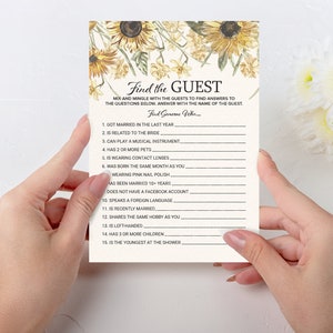 Bridal Shower Game Find The Guest Wedding Shower Games Sunflower wedding theme Party games INSTANT DOWNLOAD image 1