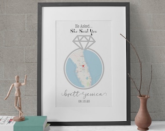 Engagement Location Map, Engaged, Unique Engagement Gift , Bride to be, Map Heart Print, Couples Personalized Map, Engagement Ring
