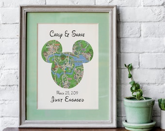 Mickey Special Location Map, Disney Park, Engagement Gift , Bridal Shower Gift for Bride, Wedding Gift, Disney  Animal Kingdom- Just Engaged