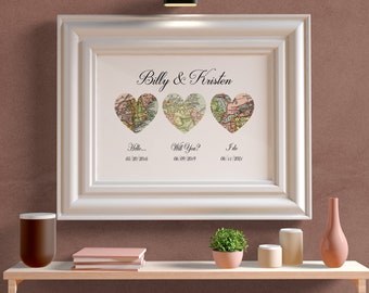 3 Heart Map -Special Location Map, Engagement Gift , Personalized Bridal Shower Gift for Bride, Wedding Day Gift - DIGITAL Sign - Any Size