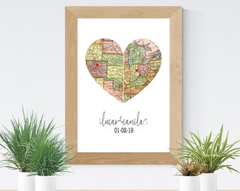 Two Heart Location Map, Unique Engagement Gift, Personalized Bridal Shower Gift for Bride, Couple Location Gift -Wedding Gift- Free Shipping