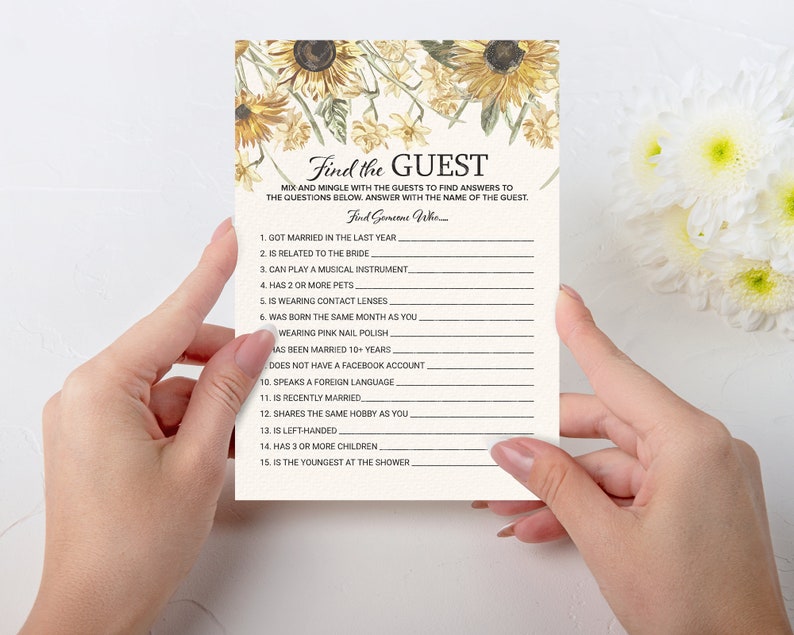 Bridal Shower Game Find The Guest Wedding Shower Games Sunflower wedding theme Party games INSTANT DOWNLOAD image 1