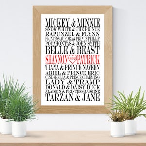 Disney Couples Art Print - Personalized Art - Disney Couples Gift -  Wedding Gift - Bridal Shower Gift -  Anniversary Gift  - Free Shipping