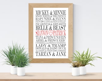 Disney Couples Art Print - Personalized Art - Disney Couples Gift -  Wedding Gift - Bridal Shower Gift -  Anniversary Gift  - Free Shipping