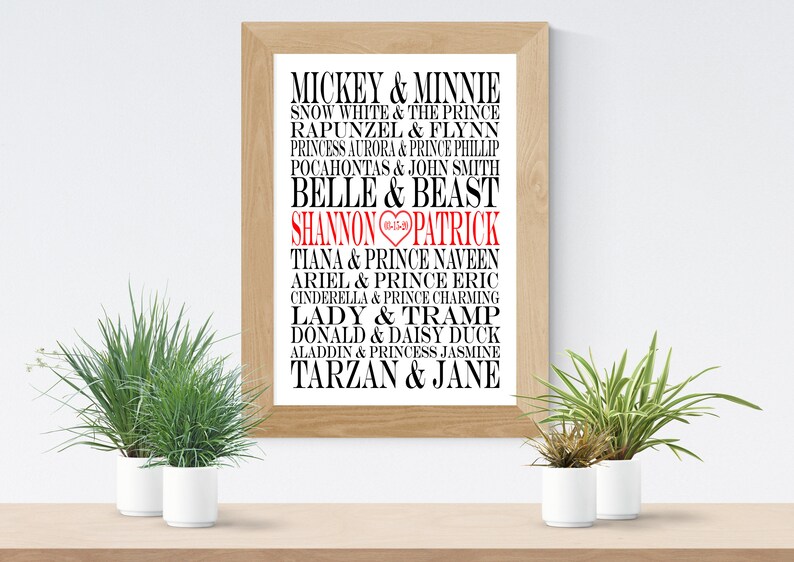 Disney Couples Art Print Personalized Art Disney Couples Gift Wedding Gift Bridal Shower Gift Anniversary Gift Free Shipping image 1