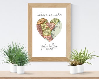 Special Location Map, Where we met -Map Heart Print, Couples Personalized Map, Engagement, Proposed Presents - Fiance Gifts -Free Shipping