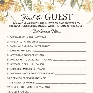 Bridal Shower Game Find The Guest Wedding Shower Games Sunflower wedding theme Party games INSTANT DOWNLOAD image 2