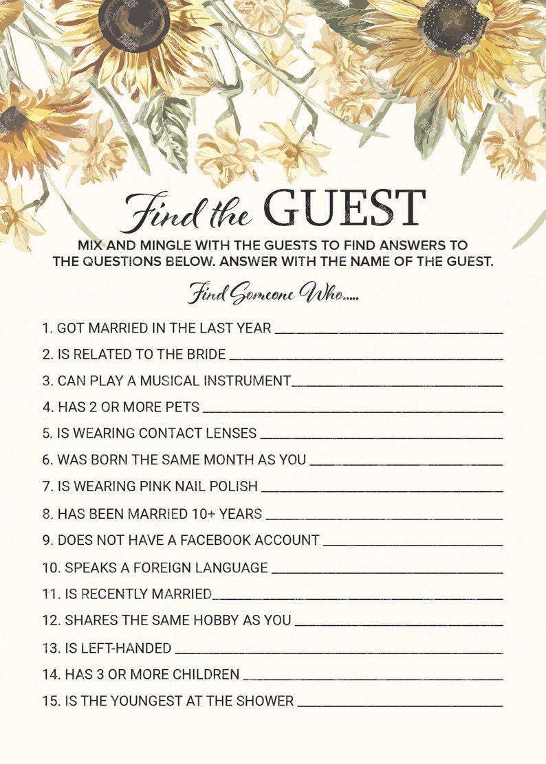 Bridal Shower Game Find The Guest Wedding Shower Games Sunflower wedding theme Party games INSTANT DOWNLOAD image 2