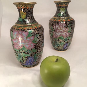 Pair of Vintage Cloisonné Vases with a Floral Design on Black Background