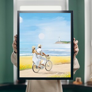 自転車に乗ったロマンチックなカップルのポスター - ビーチウォールアートプリント、夏の海岸風インテリア、灯台の風景イラスト、デジタルダウンロード