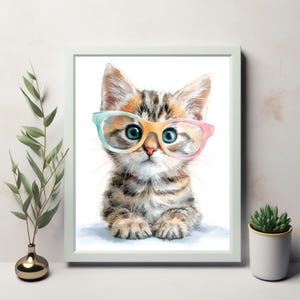 Collection of Four Adorable Playful Tabby Kitten with Colorful Glasses - Whimsical Digital Art for Wall Decor and Instant Download
