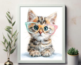 Lámina artística de gatito atigrado: Gato caprichoso con gafas (Descarga digital)