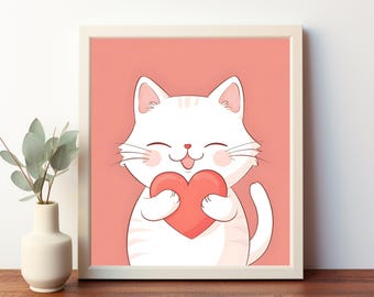 Adorable Cartoon Cat Holding Pink Heart - Cute Digital Art for Wall Decor, Perfect for Cat Lovers - Instant Download Printable