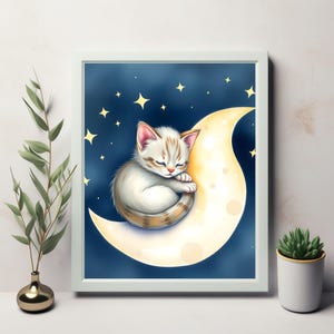 Wunderliche schlafende Katze auf Mondsichel - süße digitale Kunst für Wand-Dekor - sofortiger Download druckbare