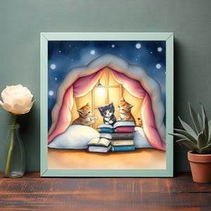Gatitos acogedores en una tienda de campaña con mantas: Una divertida aventura nocturna con libros y estrellas