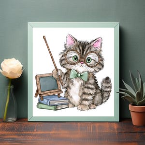 May include: A framed illustration of a fluffy brown tabby kitten wearing large round glasses and a light green bow tie. The kitten holds a wooden pointer next to a small chalkboard resting on a stack of two books, one blue and one green.