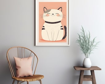 Adorable ilustración de gato gris - Arte digital con estilo de dibujos animados para pared - Descarga instantánea e imprimible