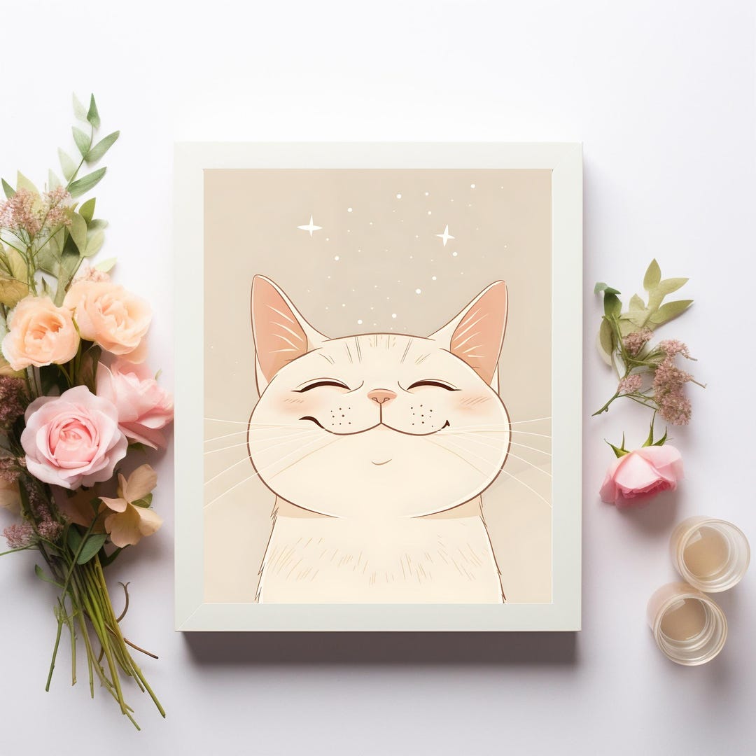 Cat Wall Art Printable, Cute Cat Illustration, Digital Download ...