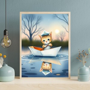 Gato atigrado naranja juguetón en un barquito de papel con sombrero de marinero: arte digital caprichoso para decoración de pared de descarga instantánea.