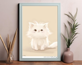 Adorable chaton blanc duveteux - Art mignon de chat de bande dessinée pour la décoration murale - Impression numérique en téléchargement immédiat