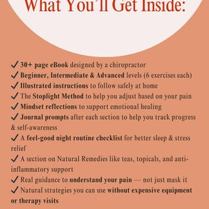 Op de afbeelding: Een oranje en witte afbeelding met de tekst "What You'll Get Inside:" gevolgd door een lijst met functies, waaronder een eBook, oefenniveaus, instructies en natuurlijke remedies. De website hothealthyandwealthy.com staat ook vermeld.