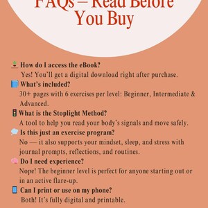 Op de afbeelding: Infographic met de titel "FAQs - Read Before You Buy" in rode tekst. De tekst beantwoordt vragen over een eBook, inclusief toegang, inhoud (30+ pagina's, 6 oefeningen per niveau) en de Stoplight-methode. De website hothealthyandwealthy.com staat vermeld.
