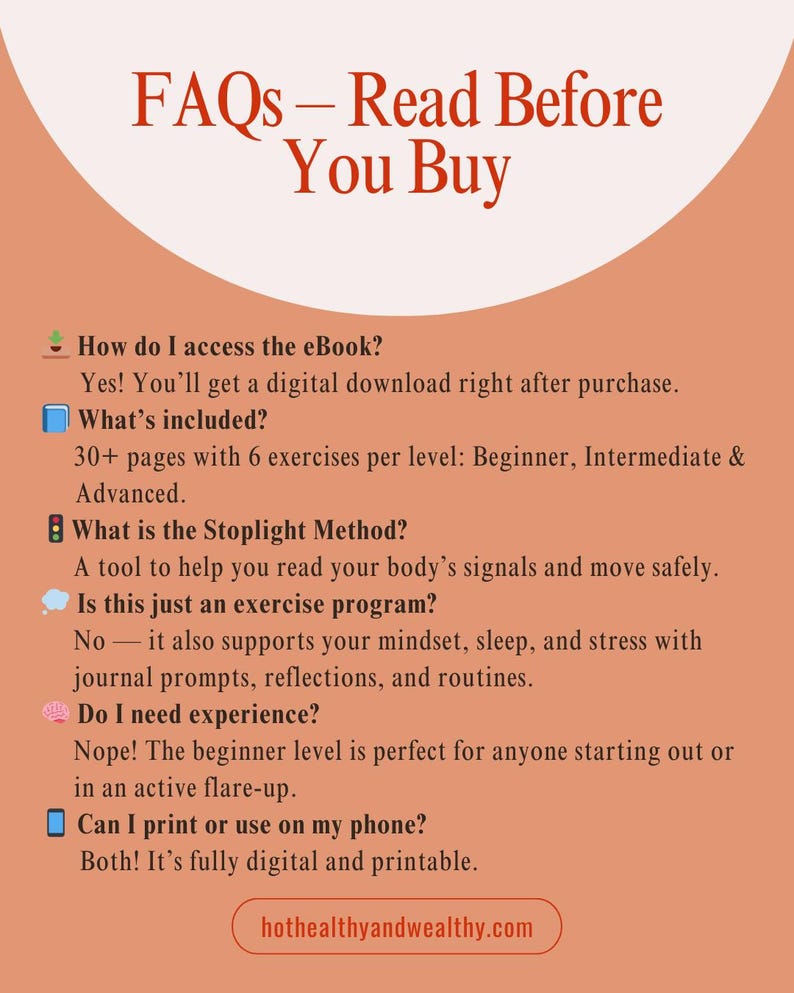 Op de afbeelding: Infographic met de titel "FAQs - Read Before You Buy" in rode tekst. De tekst beantwoordt vragen over een eBook, inclusief toegang, inhoud (30+ pagina's, 6 oefeningen per niveau) en de Stoplight-methode. De website hothealthyandwealthy.com staat vermeld.