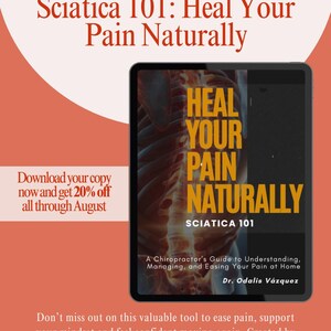 Op de afbeelding: Een digitale tablet toont de cover van een boek getiteld "Heal Your Pain Naturally: Sciatica 101". De cover heeft gele tekst en een illustratie van de wervelkolom. De achtergrond is warm oranje met extra tekst.