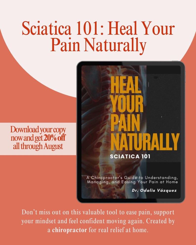 Op de afbeelding: Een digitale tablet toont de cover van een boek getiteld "Heal Your Pain Naturally: Sciatica 101". De cover heeft gele tekst en een illustratie van de wervelkolom. De achtergrond is warm oranje met extra tekst.