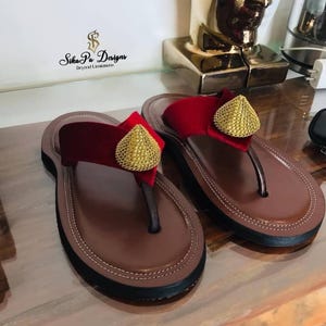 Ahenema Slippers African Royal Thong Sandals Mens Size EU 42 Red Gold Suede Ahenema - Etsy main image 4
