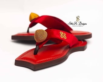 Ahenema Slippers African Royal Thong Sandals Mens Size EU 42 Red Gold Suede Ahenema - Etsy main image 3
