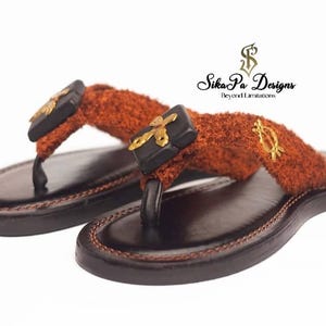 Ahenema Slippers African Royal Thong Sandals Mens Size EU 42 Red Gold Suede Ahenema - Etsy main image 2