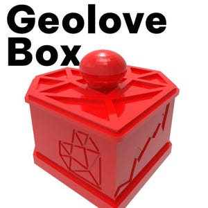 May include: A bright red box with a geometric design and a spherical top. The box is octagonal with a lid and features the text "Geolove Box" in black letters above it. The box has a modern, minimalist design.