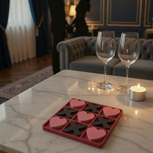 May include: A red tic-tac-toe game with pink hearts and black X's sits on a marble table. Two wine glasses and a lit candle are nearby. The background features a couple silhouetted in a room with a chandelier.