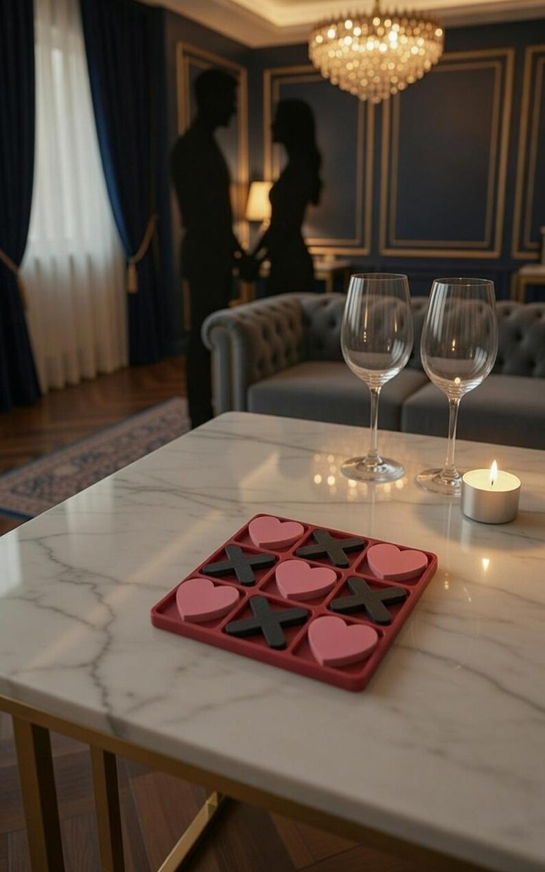 May include: A red tic-tac-toe game with pink hearts and black X's sits on a marble table. Two wine glasses and a lit candle are nearby. The background features a couple silhouetted in a room with a chandelier.