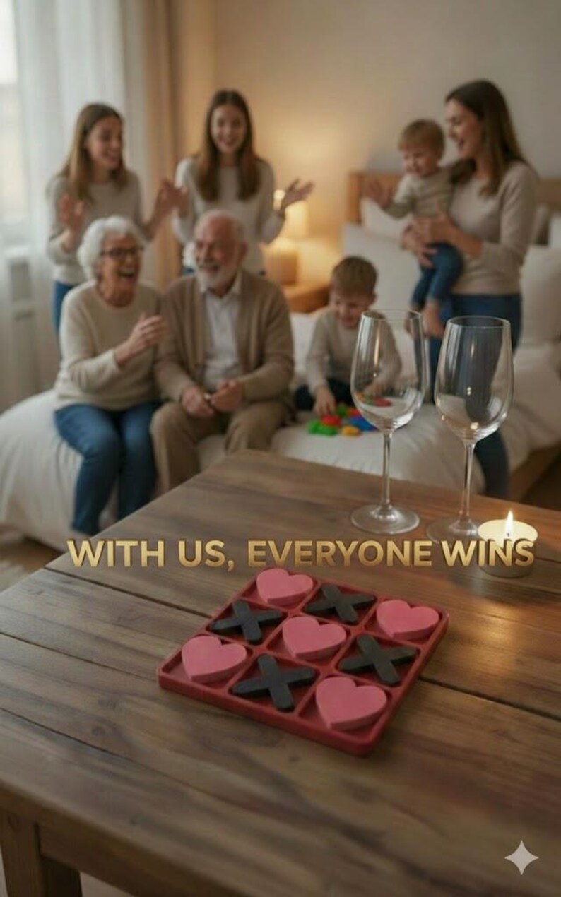 May include: A wooden table features a red tic-tac-toe game with pink heart and black X pieces. Two wine glasses and a lit candle are on the table. The text "WITH US, EVERYONE WINS" is displayed. A family is in the background.
