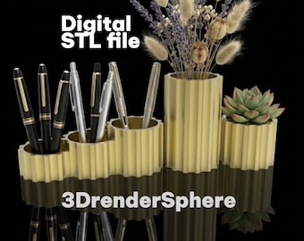 Wave Desk Organizer Set STL Pen Holder Succulent Planter Modern Ribbed Design 3D Printable