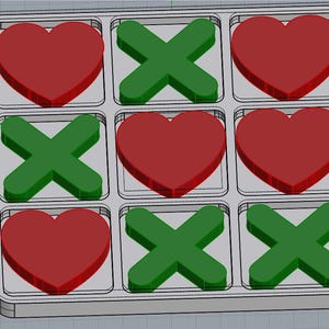 May include: A tic-tac-toe game set with red heart and green X game pieces. The game pieces are in a gray plastic grid. The game pieces are 3D rendered.