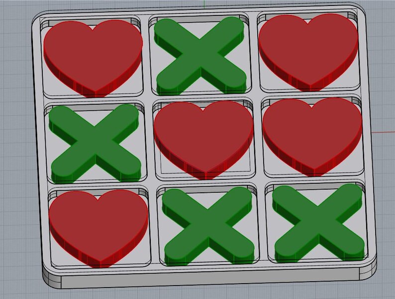 May include: A tic-tac-toe game set with red heart and green X game pieces. The game pieces are in a gray plastic grid. The game pieces are 3D rendered.