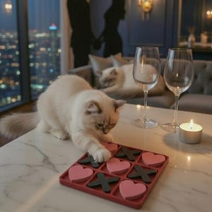 May include: A cat plays a game of tic-tac-toe with heart-shaped and cross-shaped pieces. The game is on a marble table, with wine glasses and a lit candle nearby. The text "A game that unites hearts" is at the top.