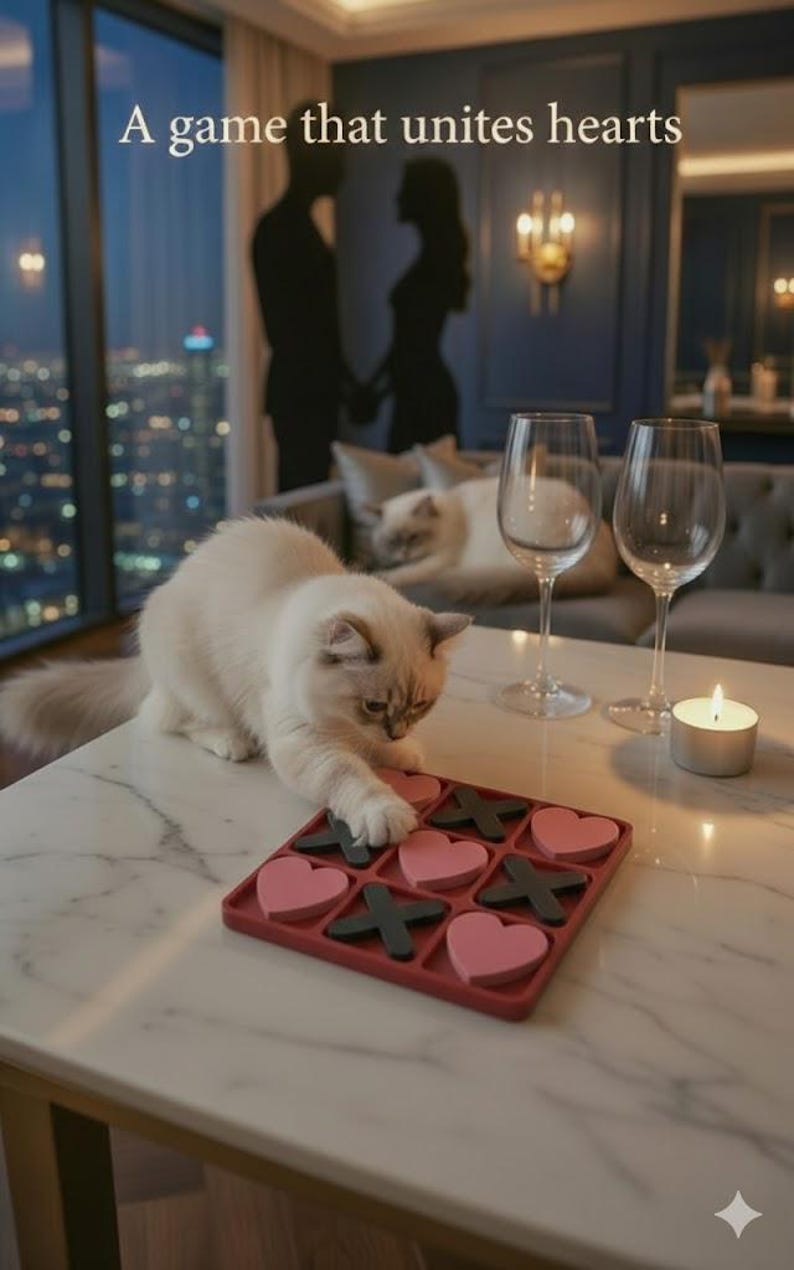 May include: A cat plays a game of tic-tac-toe with heart-shaped and cross-shaped pieces. The game is on a marble table, with wine glasses and a lit candle nearby. The text "A game that unites hearts" is at the top.