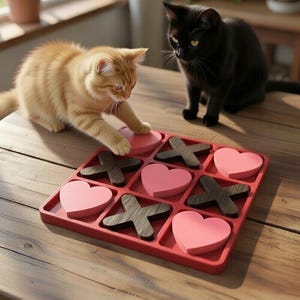 May include: An orange tabby cat and a black cat are playing a game of tic-tac-toe on a wooden table. The game board is red, with pink heart-shaped and dark brown X-shaped game pieces.