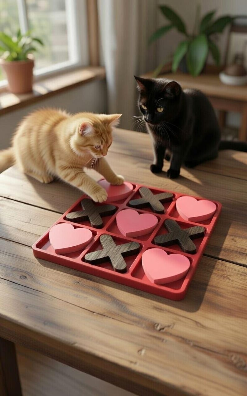 May include: An orange tabby cat and a black cat are playing a game of tic-tac-toe on a wooden table. The game board is red, with pink heart-shaped and dark brown X-shaped game pieces.