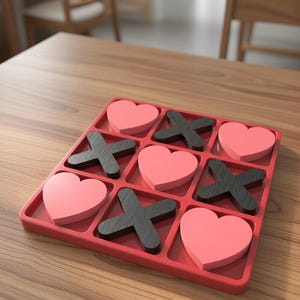 May include: A red tic-tac-toe game with pink heart-shaped pieces and black X-shaped pieces. The game is set on a wooden table, with the game pieces arranged in a 3x3 grid.